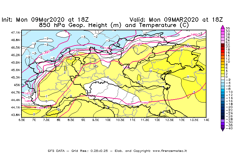 Mappa di analisi GFS - Geopotenziale [m] e Temperatura [°C] a 850 hPa in Nord-Italia
							del 09/03/2020 18 <!--googleoff: index-->UTC<!--googleon: index-->