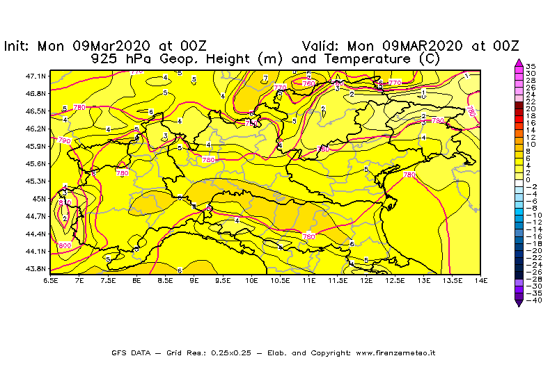 Mappa di analisi GFS - Geopotenziale [m] e Temperatura [°C] a 925 hPa in Nord-Italia
							del 09/03/2020 00 <!--googleoff: index-->UTC<!--googleon: index-->