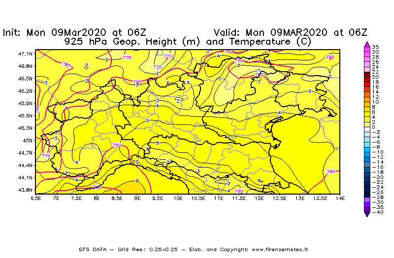 Mappa di analisi GFS - Geopotenziale [m] e Temperatura [°C] a 925 hPa in Nord-Italia
							del 09/03/2020 06 <!--googleoff: index-->UTC<!--googleon: index-->