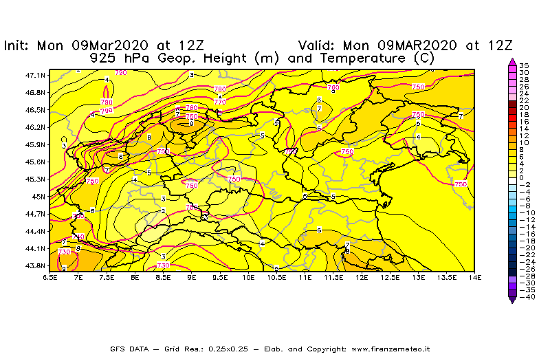 Mappa di analisi GFS - Geopotenziale [m] e Temperatura [°C] a 925 hPa in Nord-Italia
							del 09/03/2020 12 <!--googleoff: index-->UTC<!--googleon: index-->