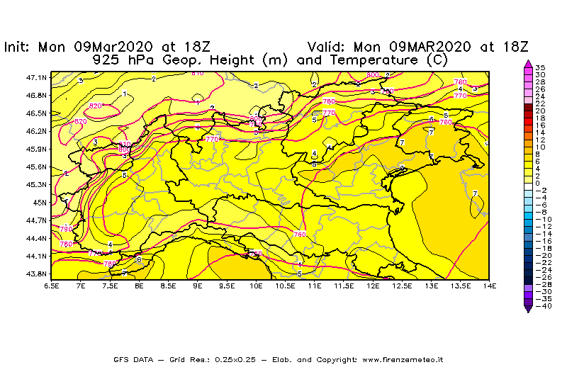 Mappa di analisi GFS - Geopotenziale [m] e Temperatura [°C] a 925 hPa in Nord-Italia
							del 09/03/2020 18 <!--googleoff: index-->UTC<!--googleon: index-->