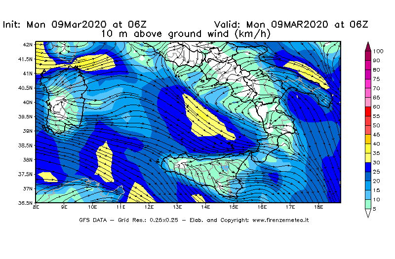 Mappa di analisi GFS - Velocità del vento a 10 metri dal suolo [km/h] in Sud-Italia
							del 09/03/2020 06 <!--googleoff: index-->UTC<!--googleon: index-->