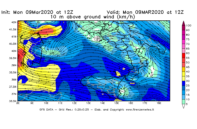 Mappa di analisi GFS - Velocità del vento a 10 metri dal suolo [km/h] in Sud-Italia
							del 09/03/2020 12 <!--googleoff: index-->UTC<!--googleon: index-->