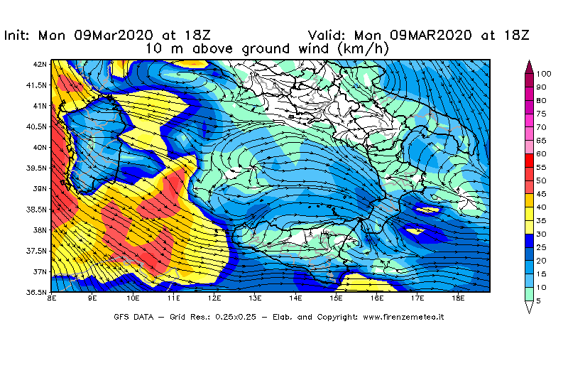 Mappa di analisi GFS - Velocità del vento a 10 metri dal suolo [km/h] in Sud-Italia
							del 09/03/2020 18 <!--googleoff: index-->UTC<!--googleon: index-->