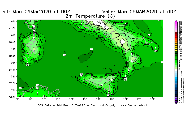 Mappa di analisi GFS - Temperatura a 2 metri dal suolo [°C] in Sud-Italia
							del 09/03/2020 00 <!--googleoff: index-->UTC<!--googleon: index-->