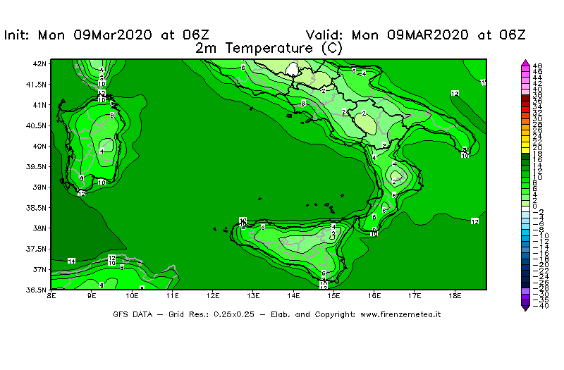 Mappa di analisi GFS - Temperatura a 2 metri dal suolo [°C] in Sud-Italia
							del 09/03/2020 06 <!--googleoff: index-->UTC<!--googleon: index-->