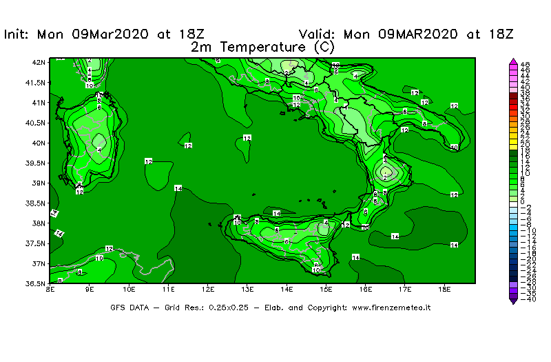 Mappa di analisi GFS - Temperatura a 2 metri dal suolo [°C] in Sud-Italia
							del 09/03/2020 18 <!--googleoff: index-->UTC<!--googleon: index-->