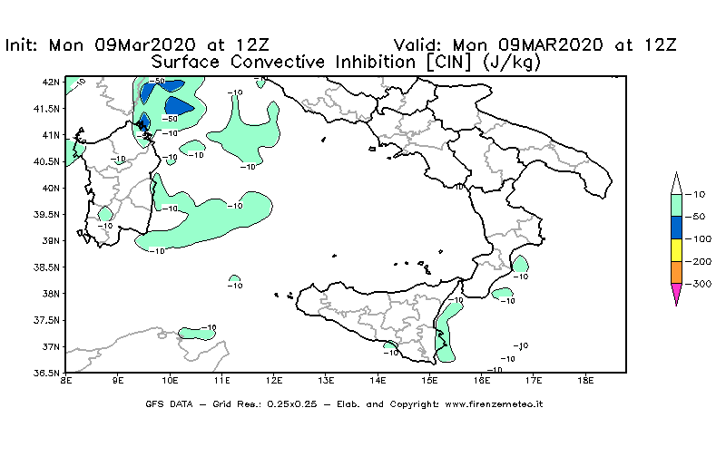 Mappa di analisi GFS - CIN [J/kg] in Sud-Italia
							del 09/03/2020 12 <!--googleoff: index-->UTC<!--googleon: index-->