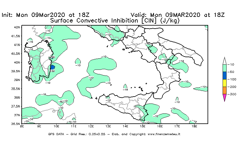 Mappa di analisi GFS - CIN [J/kg] in Sud-Italia
							del 09/03/2020 18 <!--googleoff: index-->UTC<!--googleon: index-->