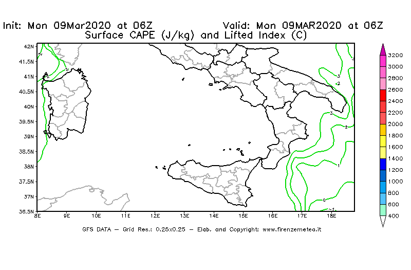 Mappa di analisi GFS - CAPE [J/kg] e Lifted Index [°C] in Sud-Italia
							del 09/03/2020 06 <!--googleoff: index-->UTC<!--googleon: index-->