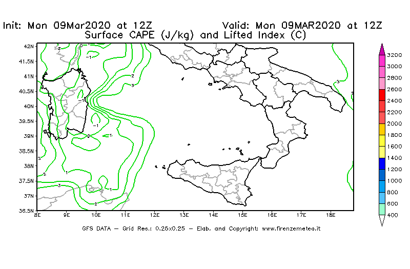 Mappa di analisi GFS - CAPE [J/kg] e Lifted Index [°C] in Sud-Italia
							del 09/03/2020 12 <!--googleoff: index-->UTC<!--googleon: index-->