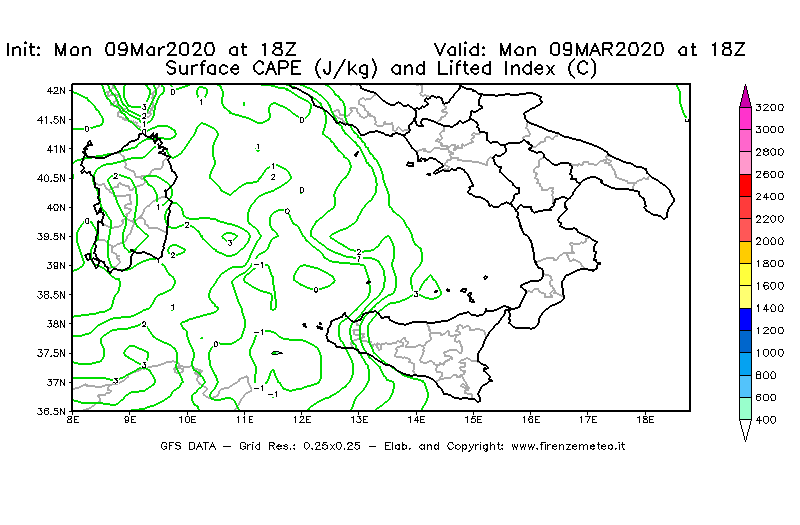 Mappa di analisi GFS - CAPE [J/kg] e Lifted Index [°C] in Sud-Italia
							del 09/03/2020 18 <!--googleoff: index-->UTC<!--googleon: index-->