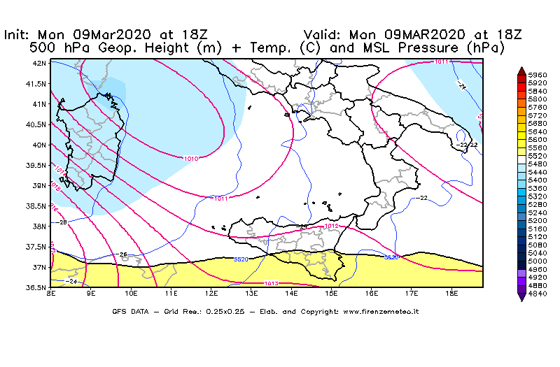 Mappa di analisi GFS - Geopotenziale [m] + Temp. [°C] a 500 hPa + Press. a livello del mare [hPa] in Sud-Italia
							del 09/03/2020 18 <!--googleoff: index-->UTC<!--googleon: index-->
