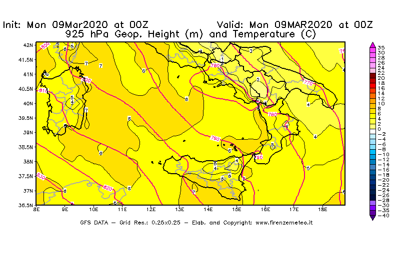 Mappa di analisi GFS - Geopotenziale [m] e Temperatura [°C] a 925 hPa in Sud-Italia
							del 09/03/2020 00 <!--googleoff: index-->UTC<!--googleon: index-->