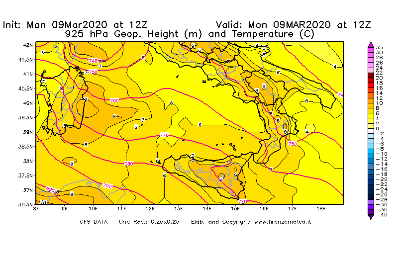 Mappa di analisi GFS - Geopotenziale [m] e Temperatura [°C] a 925 hPa in Sud-Italia
							del 09/03/2020 12 <!--googleoff: index-->UTC<!--googleon: index-->