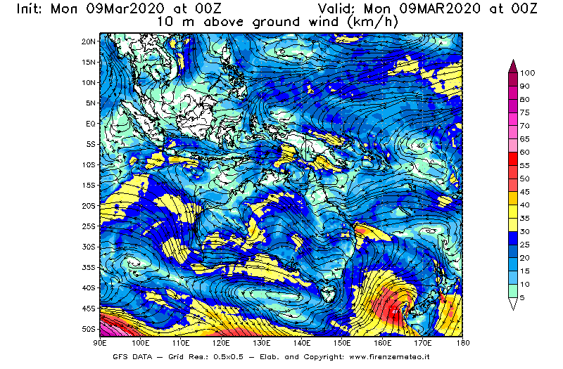 Mappa di analisi GFS - Velocità del vento a 10 metri dal suolo [km/h] in Oceania
							del 09/03/2020 00 <!--googleoff: index-->UTC<!--googleon: index-->