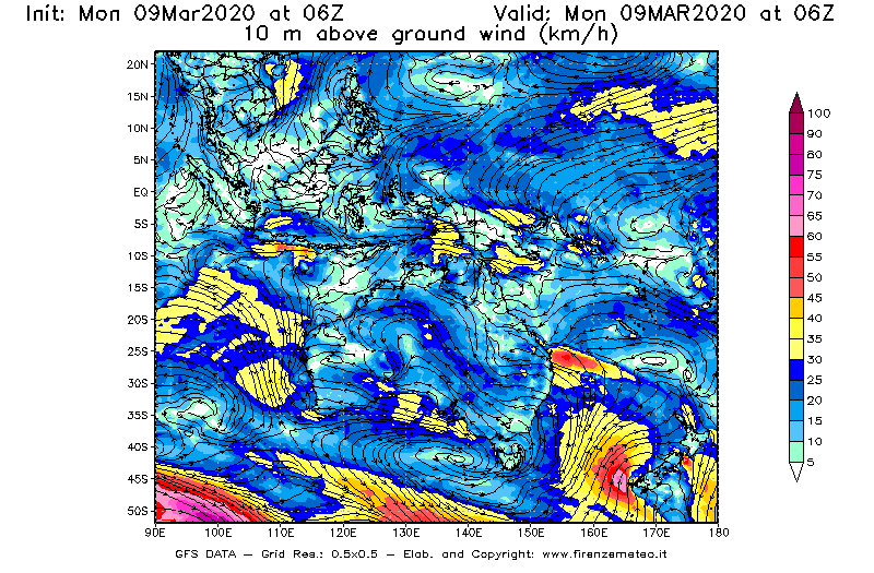 Mappa di analisi GFS - Velocità del vento a 10 metri dal suolo [km/h] in Oceania
							del 09/03/2020 06 <!--googleoff: index-->UTC<!--googleon: index-->