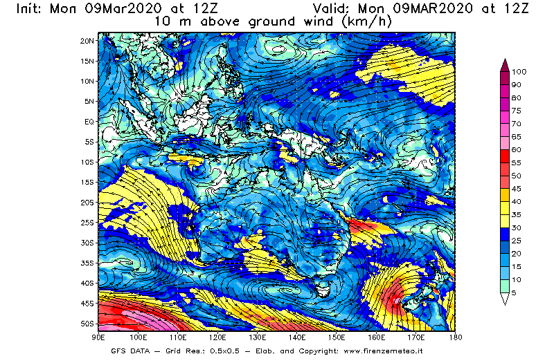 Mappa di analisi GFS - Velocità del vento a 10 metri dal suolo [km/h] in Oceania
							del 09/03/2020 12 <!--googleoff: index-->UTC<!--googleon: index-->