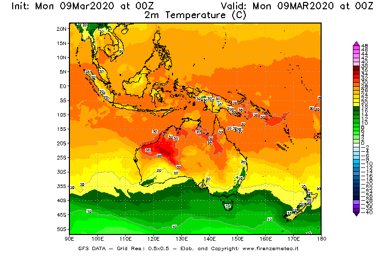 Mappa di analisi GFS - Temperatura a 2 metri dal suolo [°C] in Oceania
							del 09/03/2020 00 <!--googleoff: index-->UTC<!--googleon: index-->