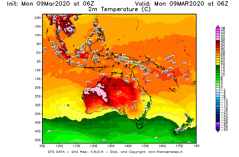 Mappa di analisi GFS - Temperatura a 2 metri dal suolo [°C] in Oceania
							del 09/03/2020 06 <!--googleoff: index-->UTC<!--googleon: index-->