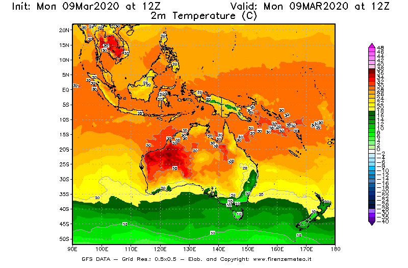 Mappa di analisi GFS - Temperatura a 2 metri dal suolo [°C] in Oceania
							del 09/03/2020 12 <!--googleoff: index-->UTC<!--googleon: index-->