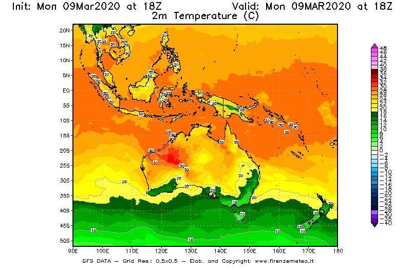 Mappa di analisi GFS - Temperatura a 2 metri dal suolo [°C] in Oceania
							del 09/03/2020 18 <!--googleoff: index-->UTC<!--googleon: index-->