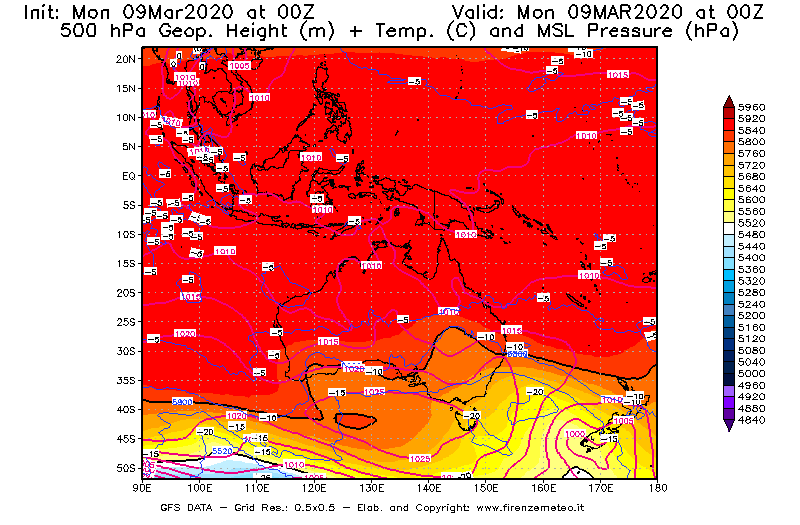 Mappa di analisi GFS - Geopotenziale [m] + Temp. [°C] a 500 hPa + Press. a livello del mare [hPa] in Oceania
							del 09/03/2020 00 <!--googleoff: index-->UTC<!--googleon: index-->