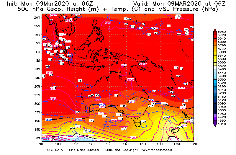 Mappa di analisi GFS - Geopotenziale [m] + Temp. [°C] a 500 hPa + Press. a livello del mare [hPa] in Oceania
							del 09/03/2020 06 <!--googleoff: index-->UTC<!--googleon: index-->