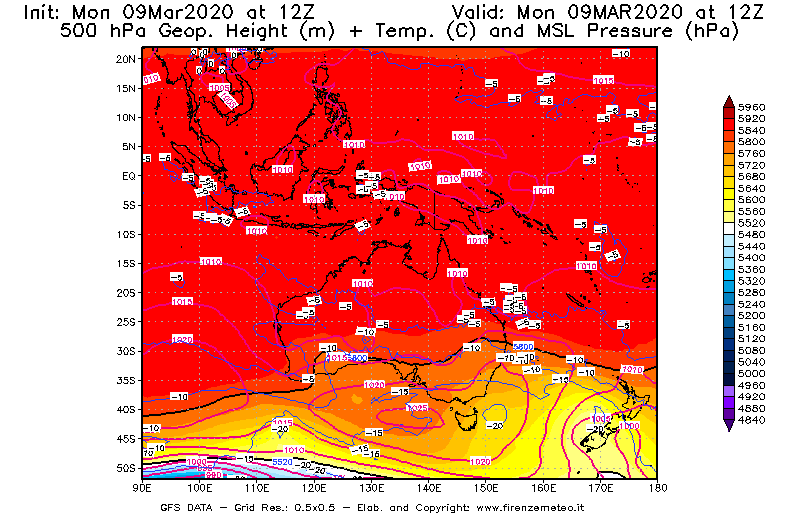 Mappa di analisi GFS - Geopotenziale [m] + Temp. [°C] a 500 hPa + Press. a livello del mare [hPa] in Oceania
							del 09/03/2020 12 <!--googleoff: index-->UTC<!--googleon: index-->