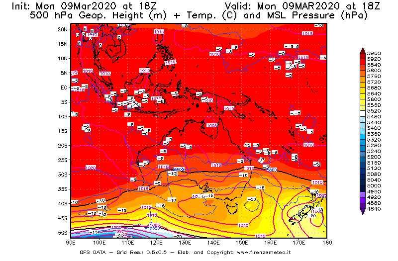 Mappa di analisi GFS - Geopotenziale [m] + Temp. [°C] a 500 hPa + Press. a livello del mare [hPa] in Oceania
							del 09/03/2020 18 <!--googleoff: index-->UTC<!--googleon: index-->