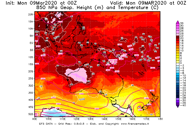 Mappa di analisi GFS - Geopotenziale [m] e Temperatura [°C] a 850 hPa in Oceania
							del 09/03/2020 00 <!--googleoff: index-->UTC<!--googleon: index-->