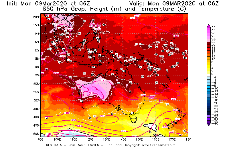 Mappa di analisi GFS - Geopotenziale [m] e Temperatura [°C] a 850 hPa in Oceania
							del 09/03/2020 06 <!--googleoff: index-->UTC<!--googleon: index-->