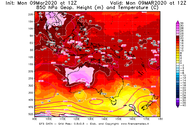 Mappa di analisi GFS - Geopotenziale [m] e Temperatura [°C] a 850 hPa in Oceania
							del 09/03/2020 12 <!--googleoff: index-->UTC<!--googleon: index-->