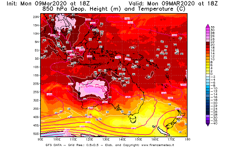 Mappa di analisi GFS - Geopotenziale [m] e Temperatura [°C] a 850 hPa in Oceania
							del 09/03/2020 18 <!--googleoff: index-->UTC<!--googleon: index-->