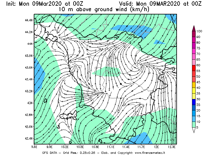 Mappa di analisi GFS - Velocità del vento a 10 metri dal suolo [km/h] in Toscana
							del 09/03/2020 00 <!--googleoff: index-->UTC<!--googleon: index-->