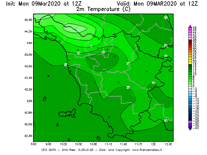 Mappa di analisi GFS - Temperatura a 2 metri dal suolo [°C] in Toscana
							del 09/03/2020 12 <!--googleoff: index-->UTC<!--googleon: index-->