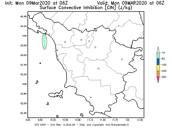 Mappa di analisi GFS - CIN [J/kg] in Toscana
							del 09/03/2020 06 <!--googleoff: index-->UTC<!--googleon: index-->