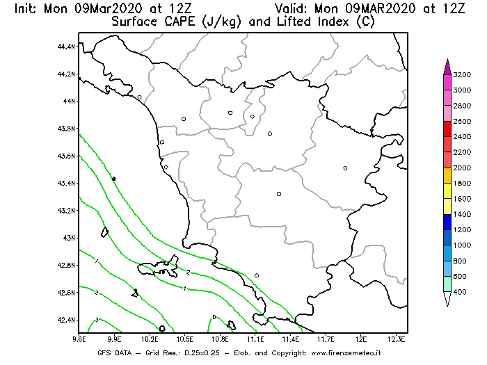 Mappa di analisi GFS - CAPE [J/kg] e Lifted Index [°C] in Toscana
							del 09/03/2020 12 <!--googleoff: index-->UTC<!--googleon: index-->