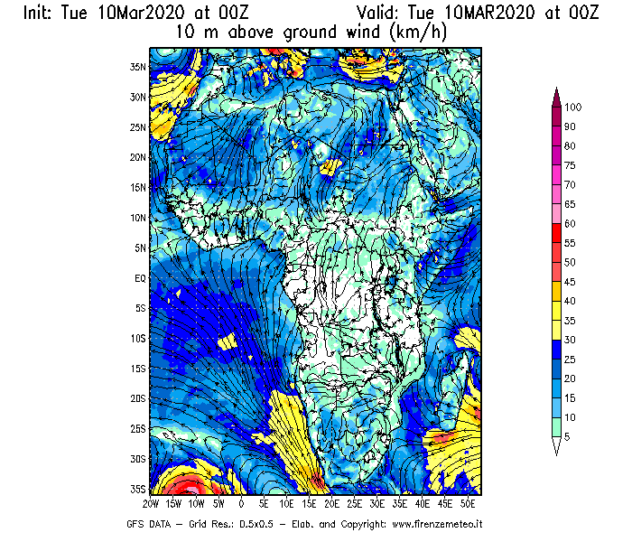 Mappa di analisi GFS - Velocità del vento a 10 metri dal suolo [km/h] in Africa
									del 10/03/2020 00 <!--googleoff: index-->UTC<!--googleon: index-->