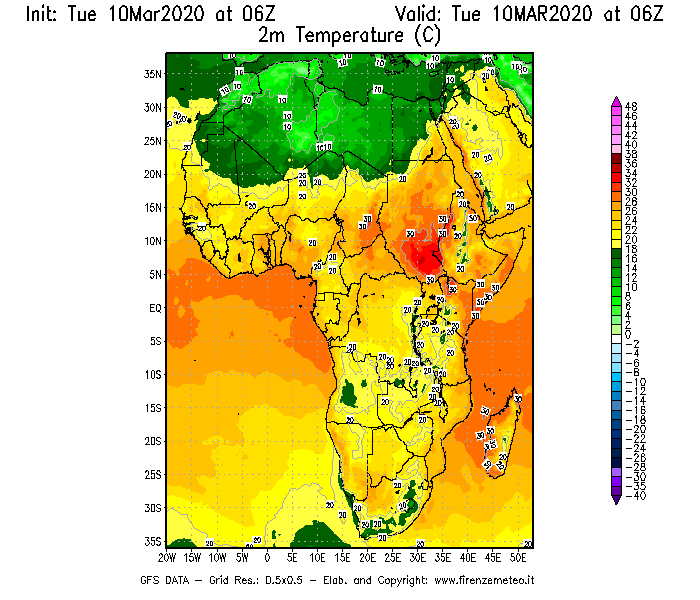 Mappa di analisi GFS - Temperatura a 2 metri dal suolo [°C] in Africa
									del 10/03/2020 06 <!--googleoff: index-->UTC<!--googleon: index-->