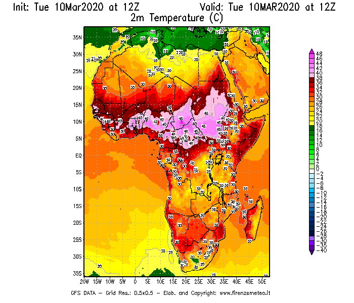 Mappa di analisi GFS - Temperatura a 2 metri dal suolo [°C] in Africa
									del 10/03/2020 12 <!--googleoff: index-->UTC<!--googleon: index-->