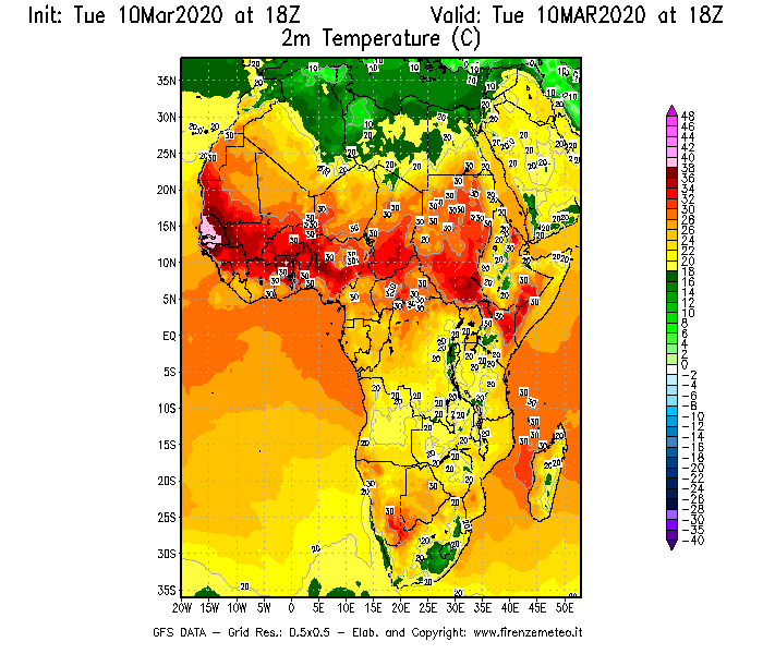 Mappa di analisi GFS - Temperatura a 2 metri dal suolo [°C] in Africa
									del 10/03/2020 18 <!--googleoff: index-->UTC<!--googleon: index-->