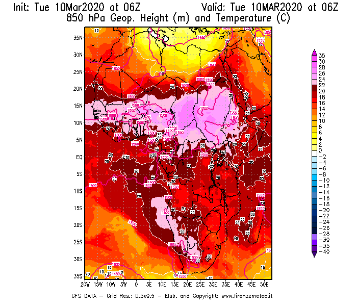 Mappa di analisi GFS - Geopotenziale [m] e Temperatura [°C] a 850 hPa in Africa
									del 10/03/2020 06 <!--googleoff: index-->UTC<!--googleon: index-->