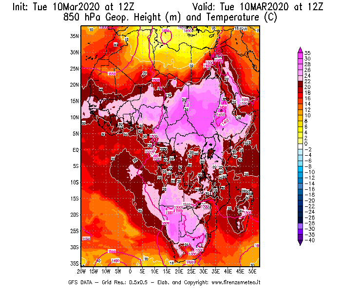 Mappa di analisi GFS - Geopotenziale [m] e Temperatura [°C] a 850 hPa in Africa
									del 10/03/2020 12 <!--googleoff: index-->UTC<!--googleon: index-->