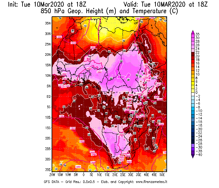 Mappa di analisi GFS - Geopotenziale [m] e Temperatura [°C] a 850 hPa in Africa
									del 10/03/2020 18 <!--googleoff: index-->UTC<!--googleon: index-->