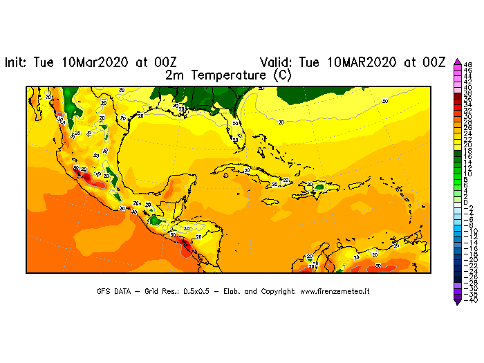 Mappa di analisi GFS - Temperatura a 2 metri dal suolo [°C] in Centro-America
									del 10/03/2020 00 <!--googleoff: index-->UTC<!--googleon: index-->