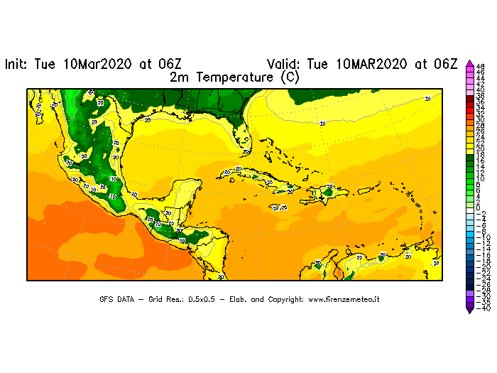 Mappa di analisi GFS - Temperatura a 2 metri dal suolo [°C] in Centro-America
									del 10/03/2020 06 <!--googleoff: index-->UTC<!--googleon: index-->