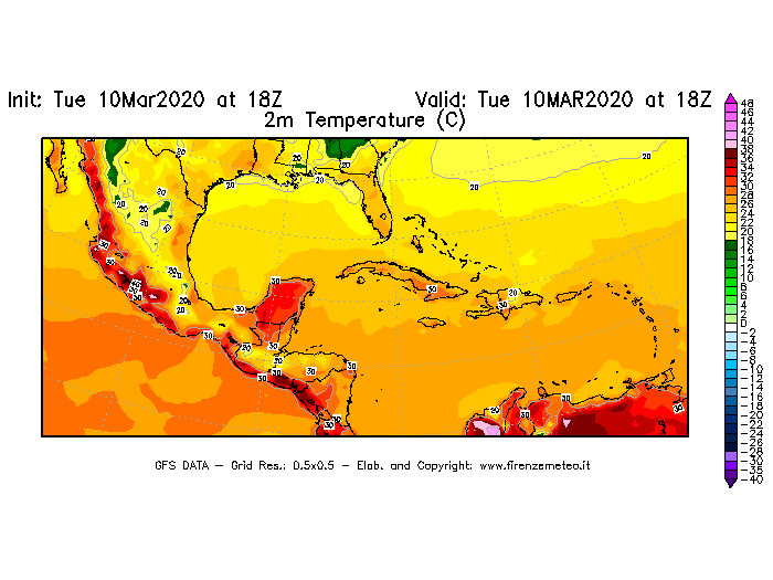 Mappa di analisi GFS - Temperatura a 2 metri dal suolo [°C] in Centro-America
									del 10/03/2020 18 <!--googleoff: index-->UTC<!--googleon: index-->
