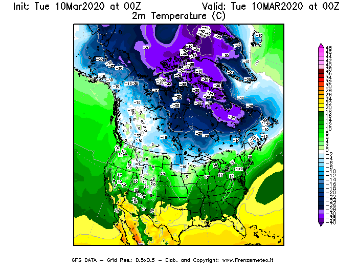Mappa di analisi GFS - Temperatura a 2 metri dal suolo [°C] in Nord-America
									del 10/03/2020 00 <!--googleoff: index-->UTC<!--googleon: index-->