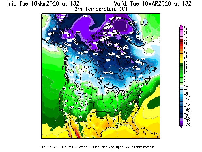 Mappa di analisi GFS - Temperatura a 2 metri dal suolo [°C] in Nord-America
									del 10/03/2020 18 <!--googleoff: index-->UTC<!--googleon: index-->